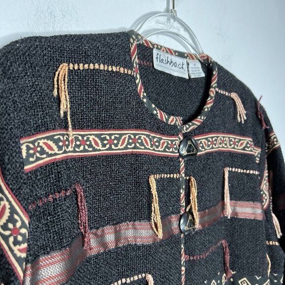 Flashback Jacket Womens Medium Black Knit Boho Tassel Western Intricate Vintage - Picture 10 of 13
